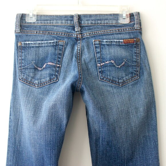 7 For All Mankind Blue Bootcut Medium Wash Denim Jeans with Pink Rhinestone 26 - Picture 6 of 11